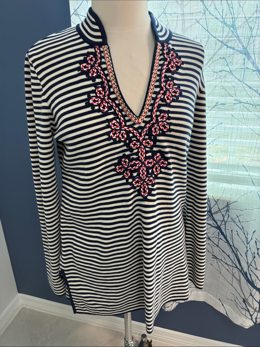 Tory Burch Striped V-Neck Embroidered Tunic